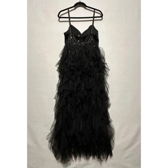 💥💥BOMBSHELL!💥💥MAC DUGGAL Ruffled Glittery Gown in Black Sequin & Tulle - Picture 9 of 14
